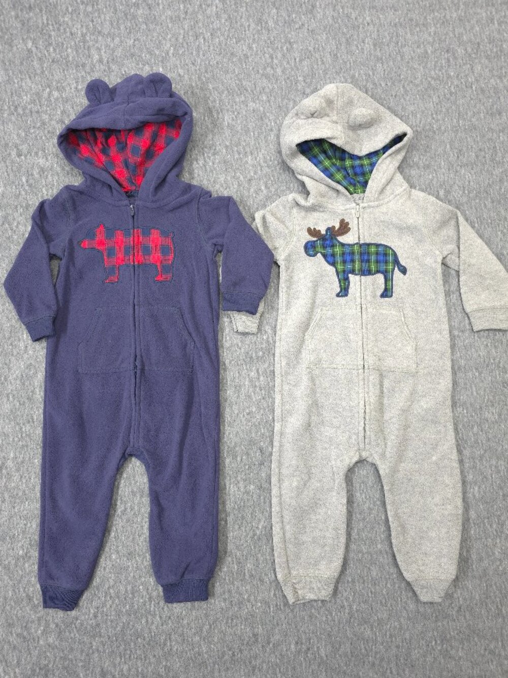 Carter's Baby Boys 18M Fleece Jumpsuit Bear Moose Plaid 2pc Bundle
